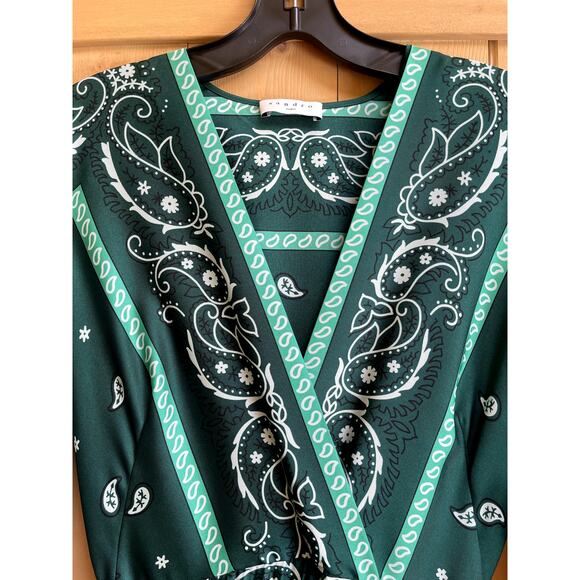Sandro V Neck Long Sleeve Paisley Print Pleated Midi Dress Green Pattern Small - Picture 2 of 10